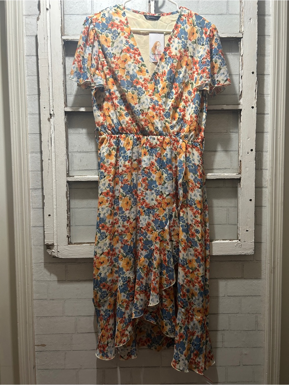 NWT PrettyGarden Floral Ruffle Faux Wrap Midi Dress - Blue/Orange - Large